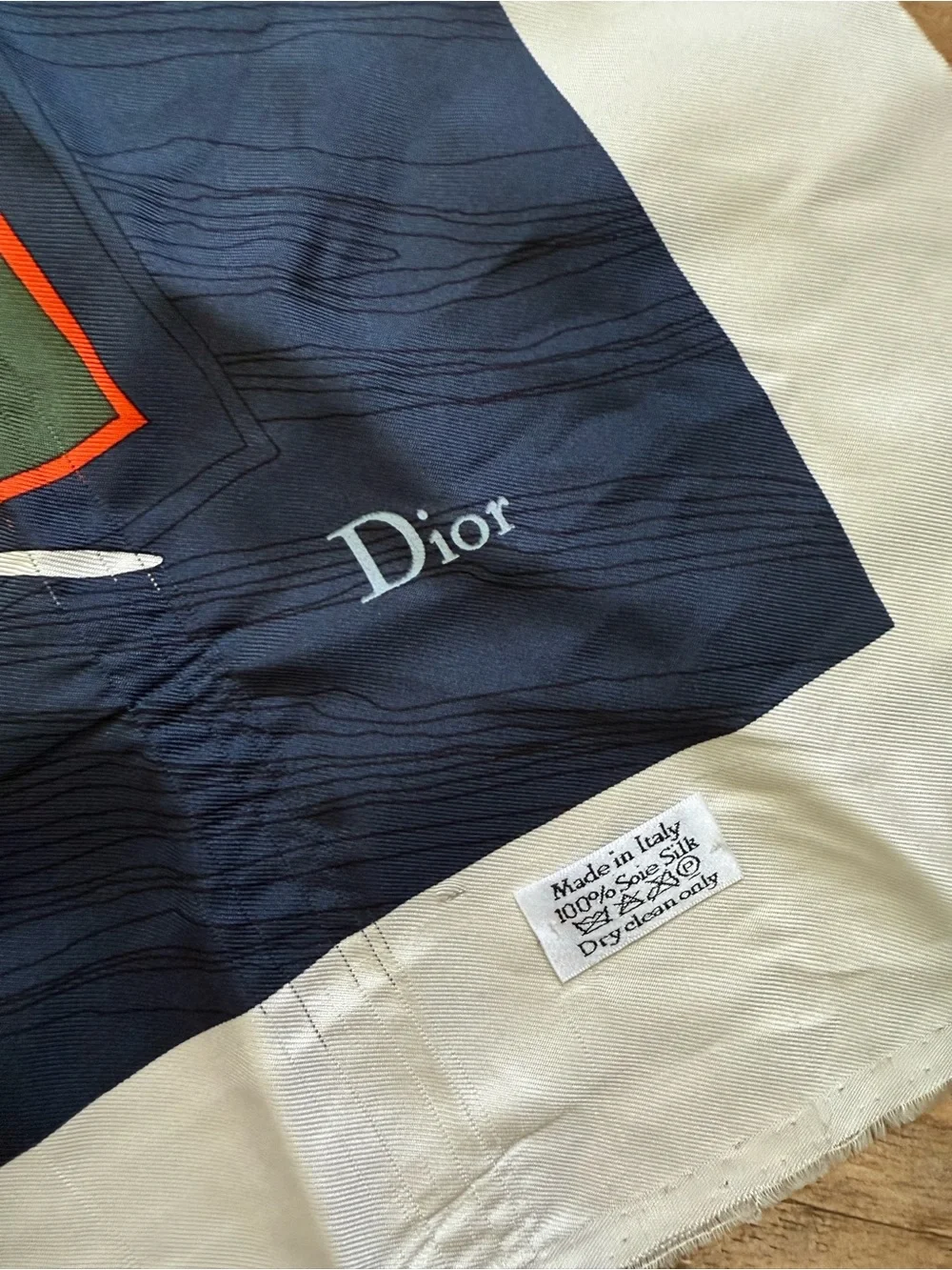 Dior Navy and Cream Silk Scarf with Orange Accent